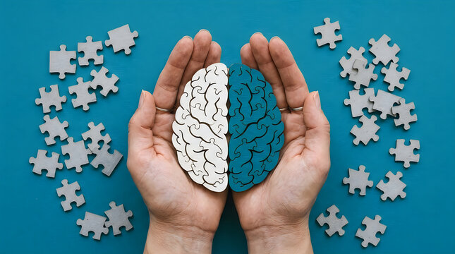 Hands holding a brain shaped jigsaw puzzle on a blue background for world mental health day awareness concept
