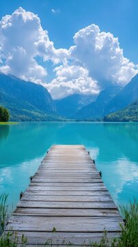 Serene turquoise lake, mountain dock, bright sky, scenic mobile wallpaper
