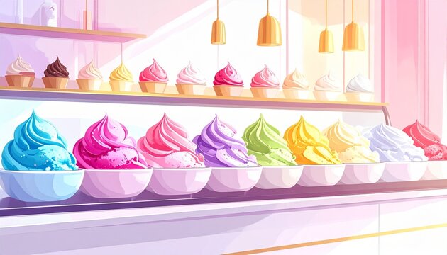 Colorful soft serve ice cream display in a bright shop.