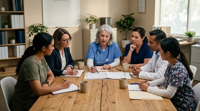Geriatric Care Team Gathered Around a Conference Table Reviewing a Patient Care Plan Document