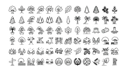 Minimalist tree line icons set, collection of 72 nature and forest vector symbols, black outline botanical elements for landscape design and mapping © Rafia
