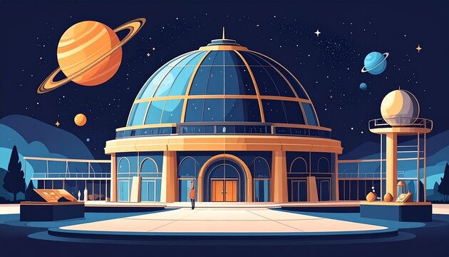 Futuristic Observatory with Planets and Stars at Night.