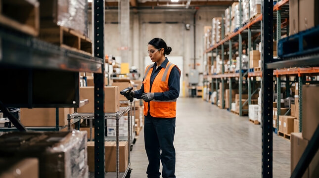 Female warehouse employee scanning inventory with handheld barcode reader in modern warehouse storage facility