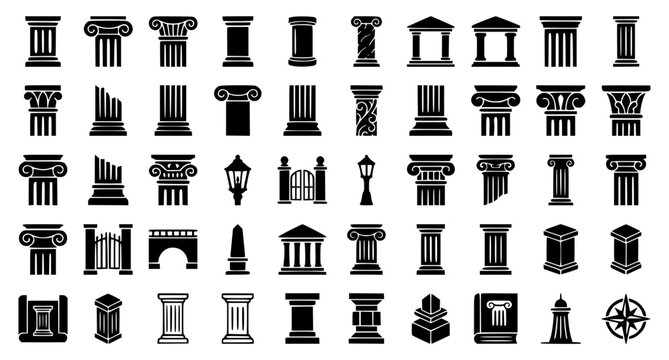 Antique Roman and Greek Column Silhouette Icon Set with Classical Architecture Pillars, Temples, and Pediments for Law Firms, History Education, and Museum Branding Projects