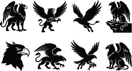 Naklejka premium Griffin silhouette designs with heraldic and mythological poses