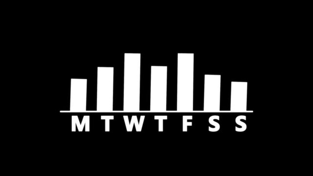 A weekday bar chart on a black background, suitable for schedule statistics, weekly comparisons and animated data graphics.