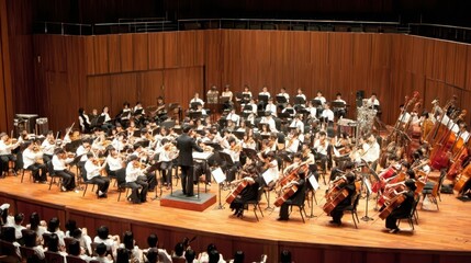 Obraz premium A large orchestra performs on a stage, with many musicians playing various instruments.