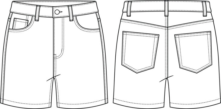 Technical fashion of denim shorts with front and back pockets and belt loops clothing