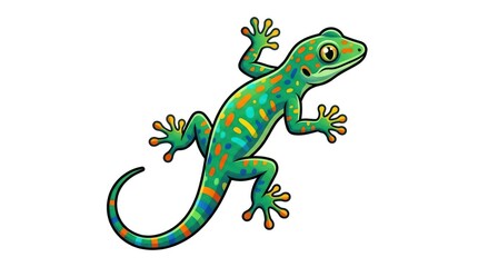 Fototapeta premium Vibrant green gecko lizard climbing on leaf. Colorful tropical reptile vector icon isolated on white background for design.