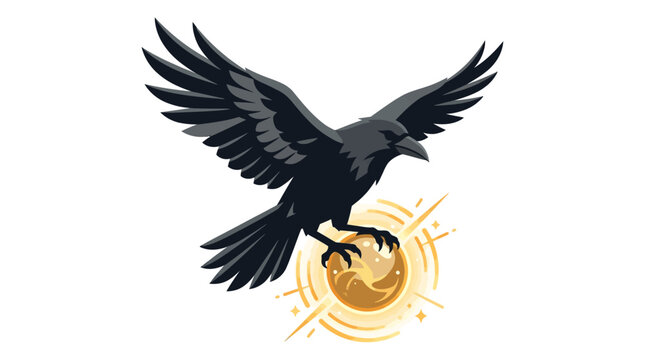 Mystical black raven flying with glowing golden orb, majestic crow vector illustration, dark bird mascot with magical sun sphere on white background