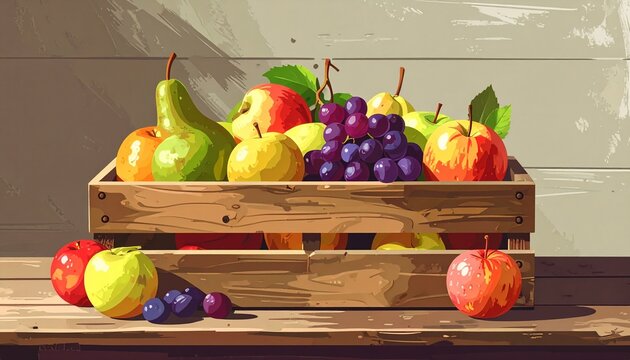 Fresh assorted fruits in a rustic wooden crate on a table.