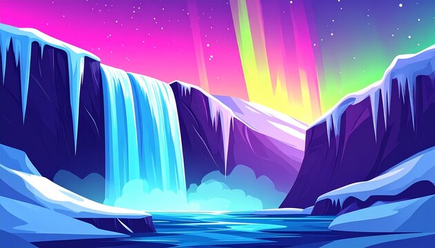 Aurora Borealis Over Frozen Waterfall in Winter Landscape.