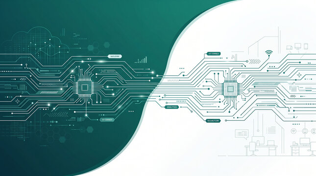 Stylized digital circuit design merging dark green and white backgrounds curved boundary connectivity data transfer technological integration futuristic visualization   generative ai