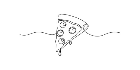Obraz premium Continuous single line drawing of a delicious pizza slice with melting cheese and pepperoni toppings