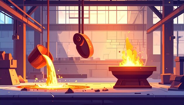 Industrial Foundry with Molten Metal and Forging Tools.