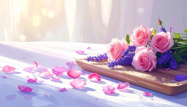 Delicate pink peony petals scattered on marble surface.