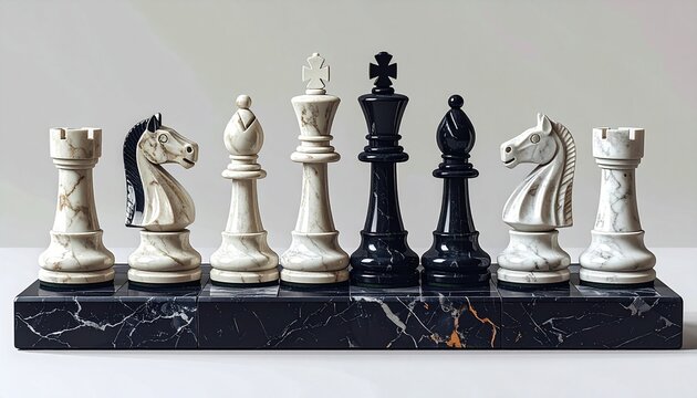 Classic Chess Set on Marble Base with Black and White Pieces.