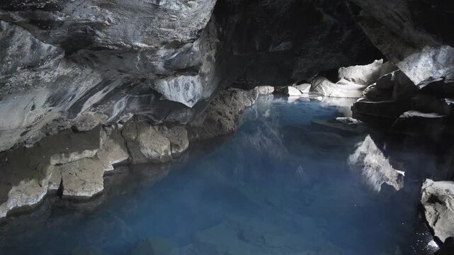 Thermal Blue Water in Grjotagja Cave, Iceland 4K Slow Motion Nature Footage