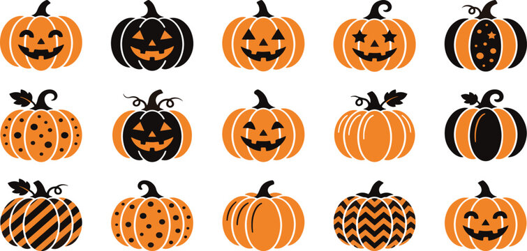 Set of cute decorative pumpkins with various patterns and carved faces for halloween holiday design elements