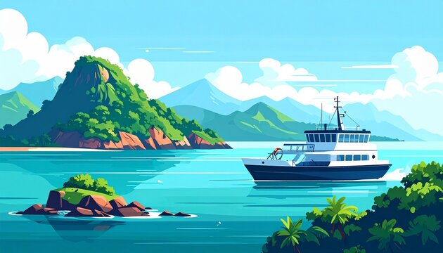 Tropical island paradise with sailboat and coral reefs.