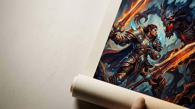 Fantasy warrior in golden armor fighting a demon on a rolled poster