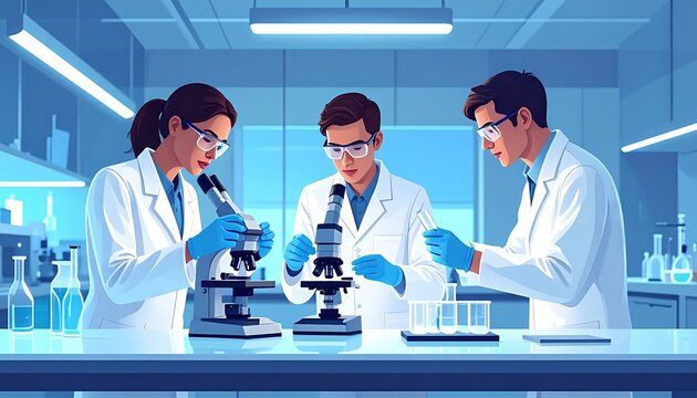 Three scientists collaborating in modern laboratory setting.