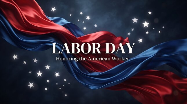 Labor Day celebration background. Red and blue fabric waves with stars for American holiday.