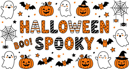 Fototapeta premium Halloween spooky text banner design with cute ghosts pumpkins bats and web decor