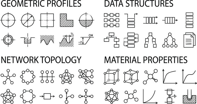 Geometric Profiles and Data Structures Line Icon Set for Network Topology and Material Properties