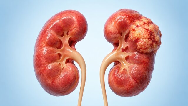 Renal cell carcinoma shown in premium clinical CGI. A solid cortical tumor creates a clear kidney cancer concept on clean medical background