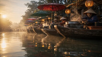 Obraz premium Thai vendors cooking on boats in misty morning canal