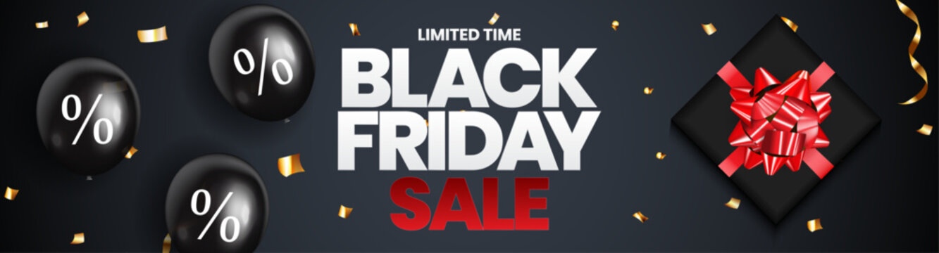 Black Friday sale banner with balloons confetti and gift box promotional advertising