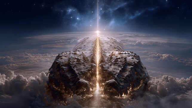 Abstract creation scene of Tiamat split into heaven and earth, Babylonian creation myth, commercial visual asset for education, poster, film and game