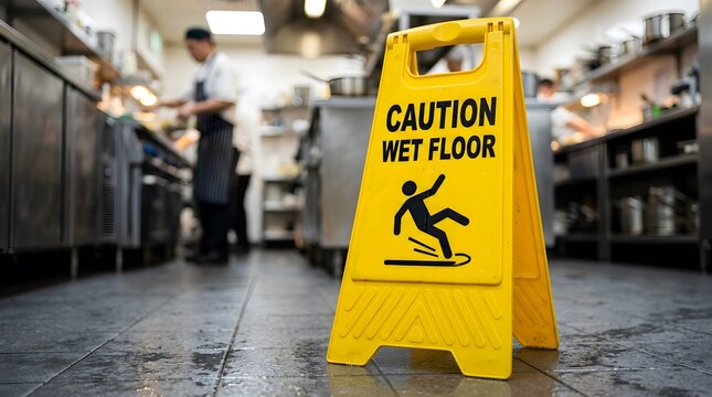 Yellow wet floor sign in a restaurant kitchen. Caution warning for slippery surface area.
