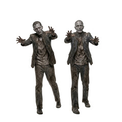 Fototapeta premium Two realistic zombie figures in suits with outstretched arms isolated on transparent background