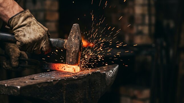 Blacksmith striking glowing hot metal on an anvil with sparks