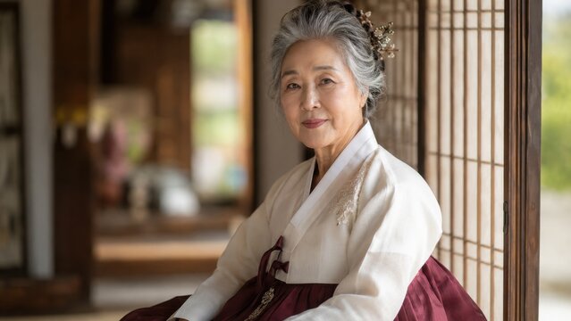 Senior Korean woman in traditional hanbok sitting in a hanok