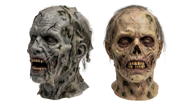 Two realistic zombie masks with decaying skin and hair isolated on transparent background