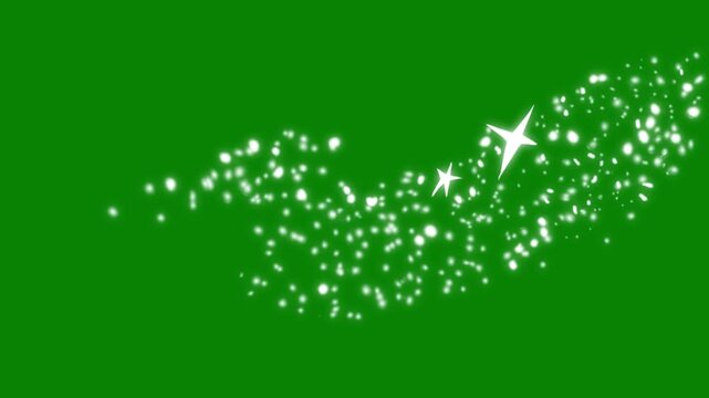 Glitter sparkles trail with glowing fairy dust stars, magic twinkle particles, shining white glitter path, golden shimmer animation, 4K sparkling bokeh light effect on green screen transition video