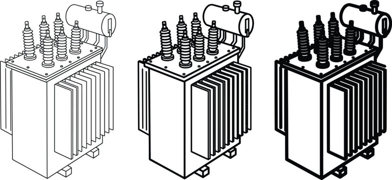 Three isometric views of an electrical power transformer in black and white line style
