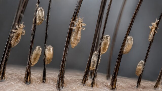 Extreme macro of head lice and nits on hair shafts