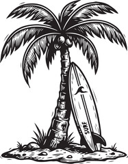 Fototapeta premium Surfboard leaning against palm tree in tropical beach scene, vintage monochrome illustration evoking classic summer surf culture and relaxation.