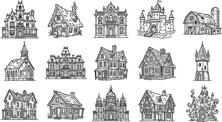 Obraz premium A detailed collection of hand drawn haunted houses and spooky castles in this creative halloween vector bundle for festive design projects