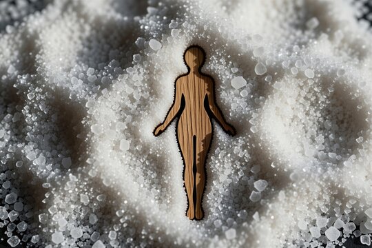 Wooden female cutout lies on coarse white salt granules. Closeup shows granular texture and soft natural light. Minimalist concept for identity and uniqueness.