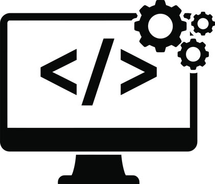 Software Development Coding Monitor Icon with Programming Symbols Gears Web Development Automation and Technology Vector Illustration