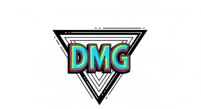 Geometric Abstract Logo DMG, Retro 80s Style, Neon Colors, White Background