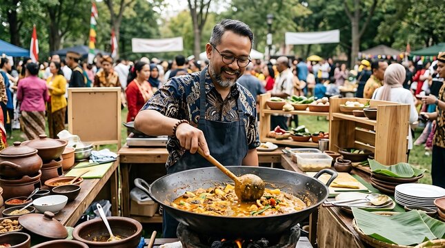 Chef stirring traditional stew at a vibrant outdoor cultural festival