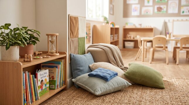 Calm classroom corner with cushions and sensory tools shows inclusive primary school support for emotional regulation, quiet breaks and child wellbeing during learning.