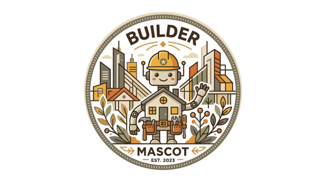 Friendly robot builder mascot logo design with construction elements.