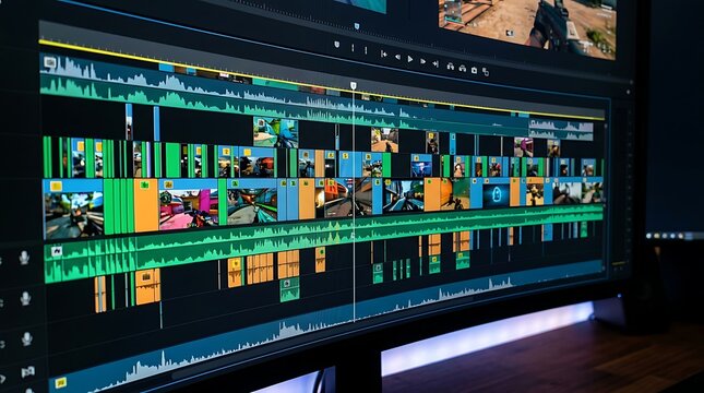 Professional video editing software timeline on a computer monitor